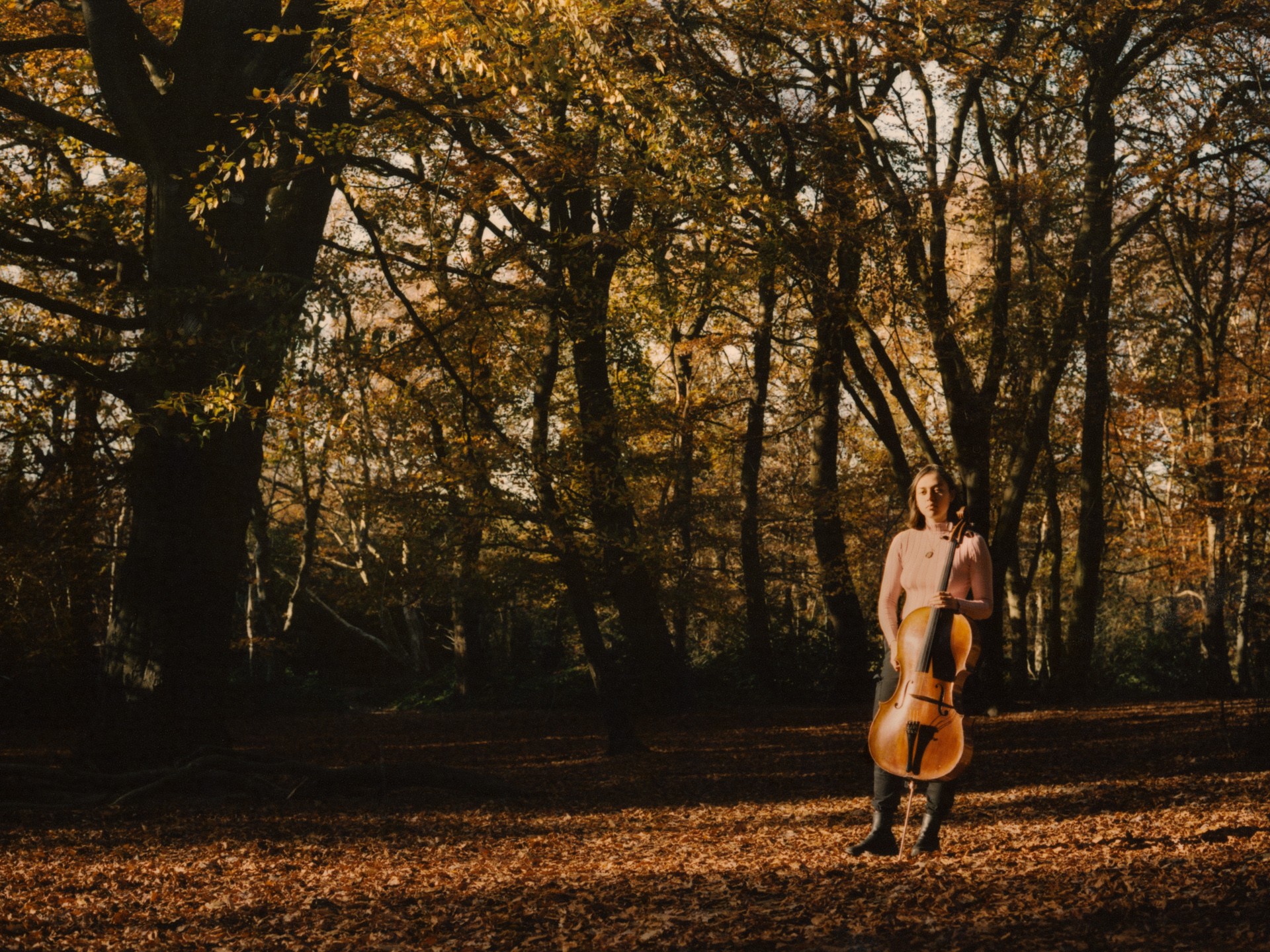Ffern Artist Georgina Lloyd Owen Autumn 21 with cello in the woods.