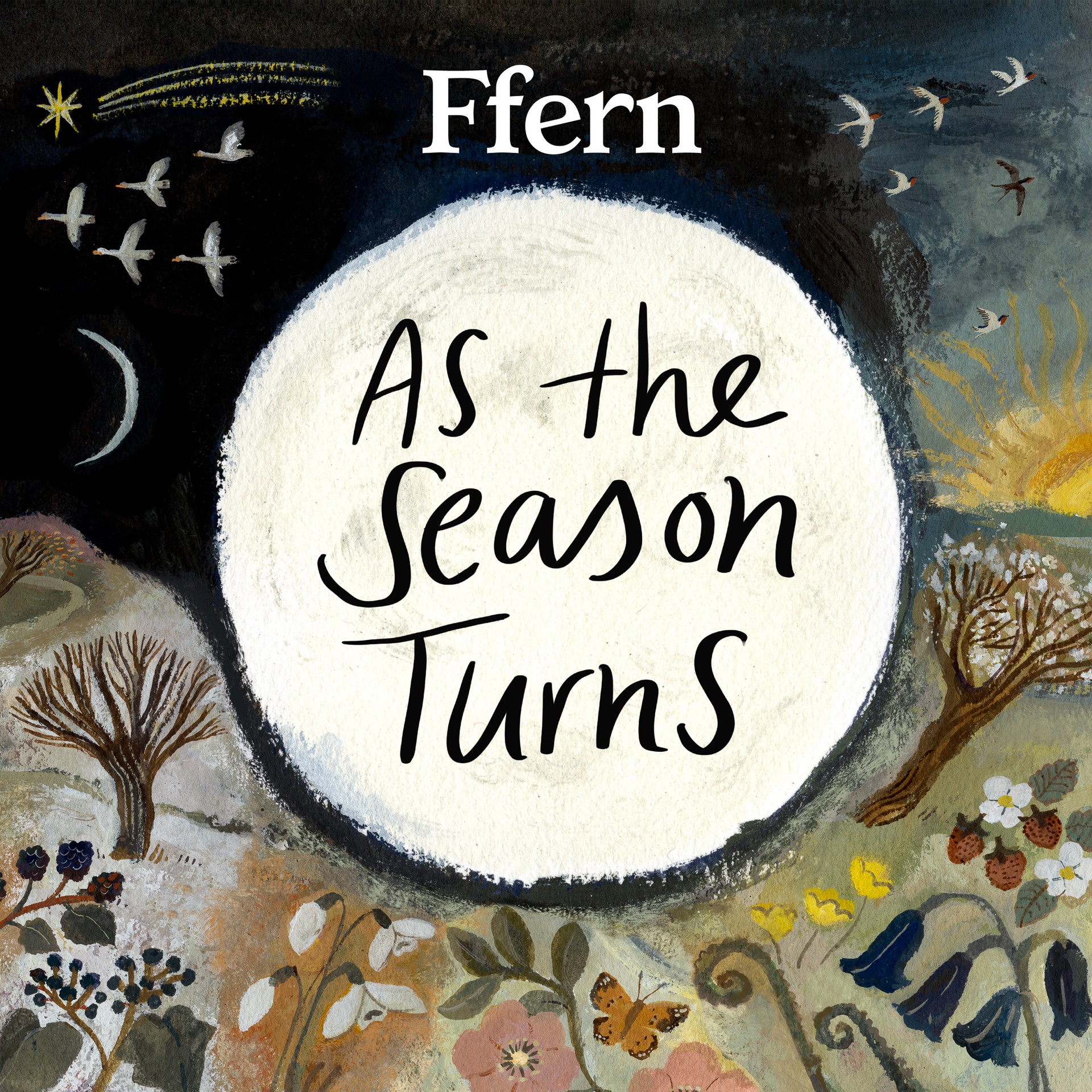 Ffern Podcast As The Season Turns cover image - an illustration of moons, birds and stars